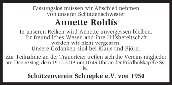 Traueranzeige von Annette Rohlfs von KRZ