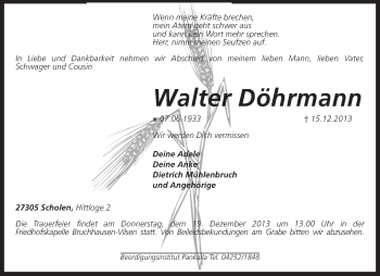 Traueranzeige von Walter Döhrmann von KRZ