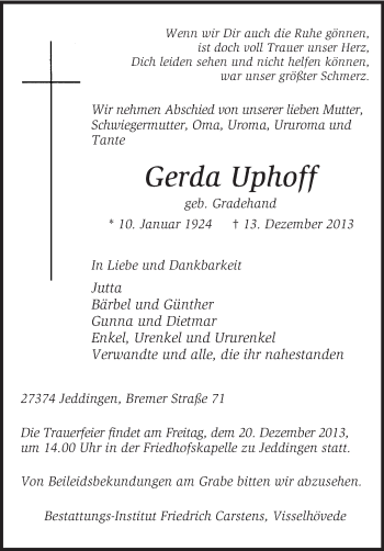 Traueranzeige von Gerd Uphoff von KRZ