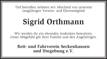 Traueranzeige von Sigrid Orthmann von KRZ