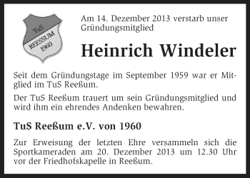 Traueranzeige von Heinrich Windeler von KRZ