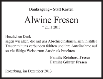 Traueranzeige von Alwine Fresen von KRZ