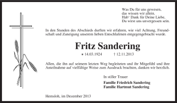 Traueranzeige von Fritz Sandering von KRZ