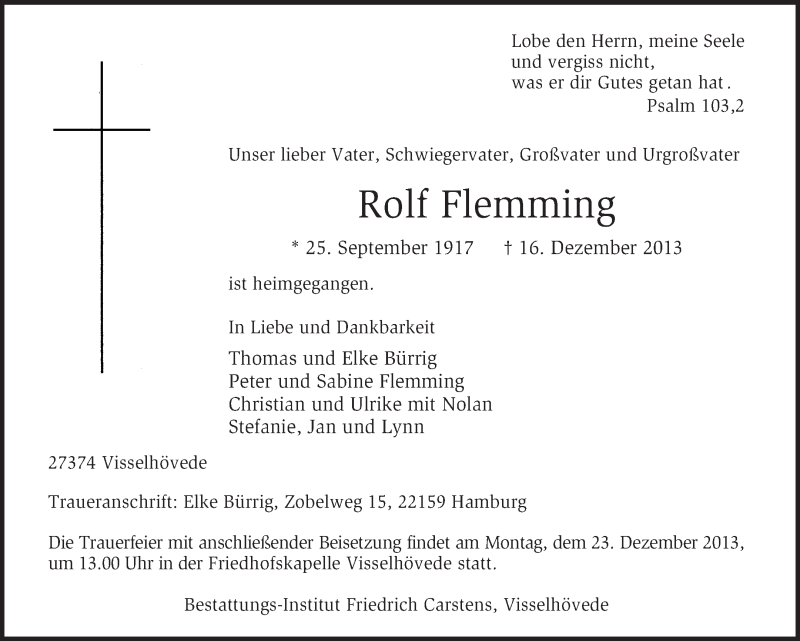  Traueranzeige für Rolf Flemming vom 19.12.2013 aus KRZ