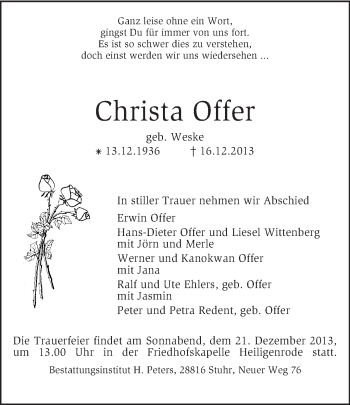 Traueranzeige von Christa Offer von KRZ