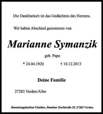 Traueranzeige von Marianne Symanzik von KRZ