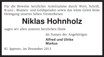 Traueranzeige von Niklas Hohnholz von KRZ