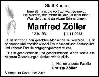 Traueranzeige von Manfred Zöller von KRZ