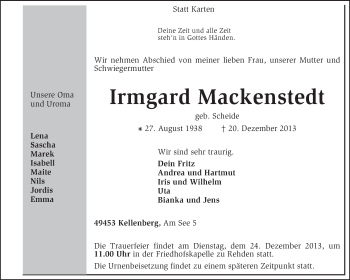 Traueranzeige von Irmgard Mackenstedt von KRZ