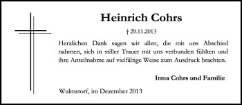 Traueranzeige von Heinrich Cohrs von KRZ