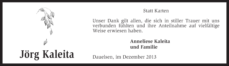  Traueranzeige für Jörg Kaleita vom 28.12.2013 aus KRZ