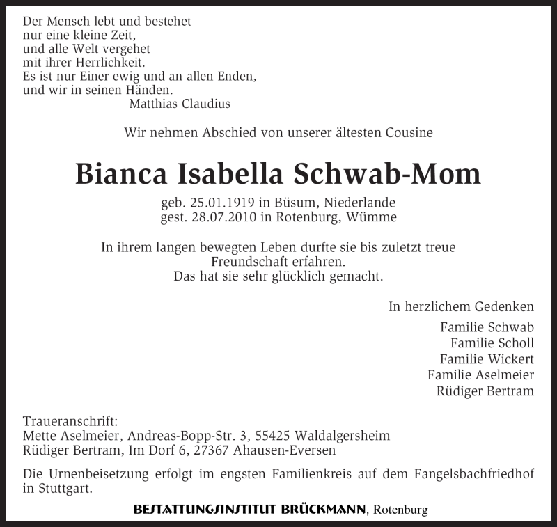  Traueranzeige für Bianca Isabella Schwab-Mom vom 31.07.2010 aus KREISZEITUNG SYKE