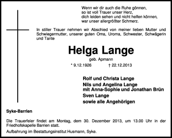 Traueranzeige von Helga Lange von KRZ