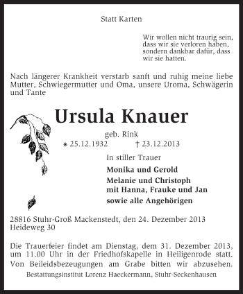 Traueranzeige von Ursula Knauer von KRZ