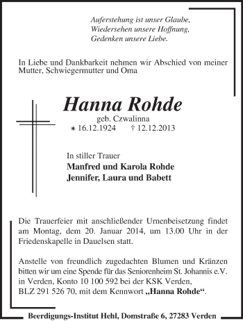 Traueranzeige von Hanna Rohde von KRZ