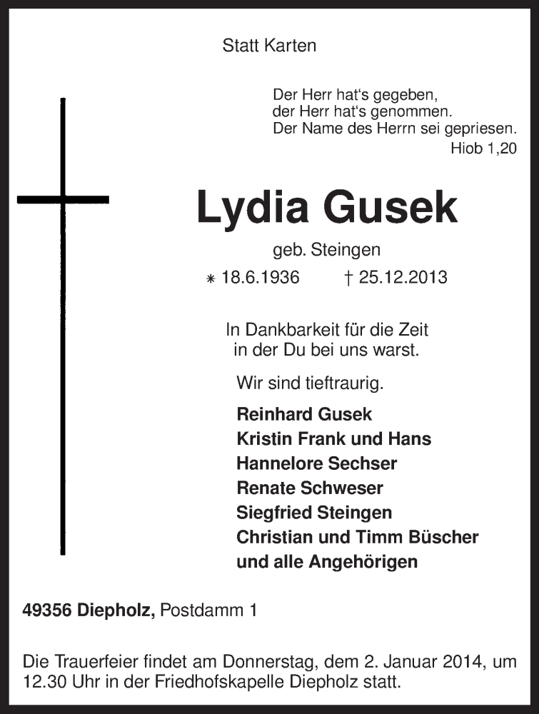  Traueranzeige für Lydia Gusek vom 28.12.2013 aus KRZ