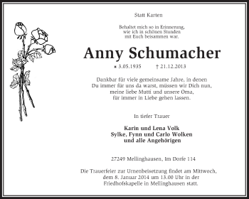 Traueranzeige von Anny Schumacher von KRZ