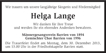 Traueranzeige von Helga Lange von KRZ