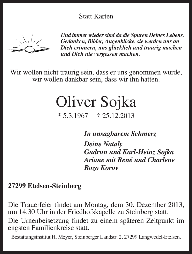  Traueranzeige für Oliver Sojka vom 28.12.2013 aus KRZ