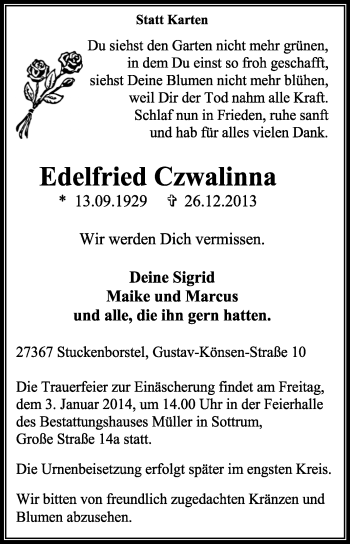 Traueranzeige von Edelfried Czwalinna von KRZ