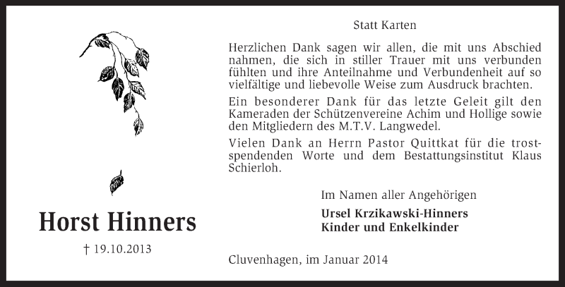  Traueranzeige für Horst Hinners vom 04.01.2014 aus KRZ
