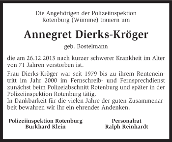 Traueranzeige von Annegret Dierks-Kröger von KRZ