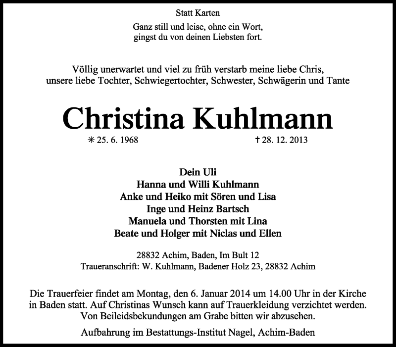  Traueranzeige für Christina Kuhlmann vom 03.01.2014 aus KRZ