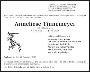 Traueranzeige von Anneliese Tinnemeyer von KRZ