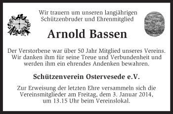 Traueranzeige von Arnold Bassen von KRZ