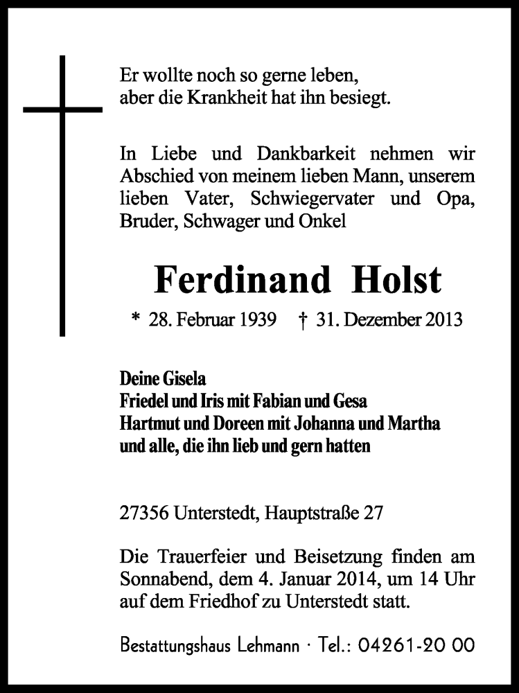  Traueranzeige für Ferdinand Holst vom 02.01.2014 aus KRZ