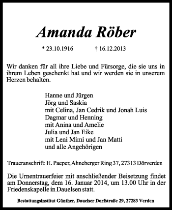 Traueranzeige von Amanda Röber von KRZ