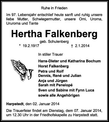 Traueranzeige von Hertha Falkenberg von KRZ