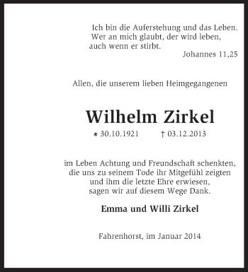 Traueranzeige von Wilhelm Zirkel von KRZ