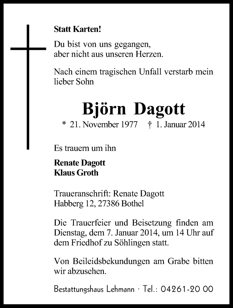  Traueranzeige für Björn Dagott vom 04.01.2014 aus KRZ