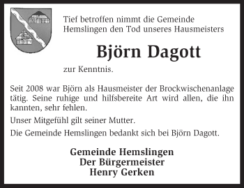 Traueranzeige von Björn Dagott von KRZ