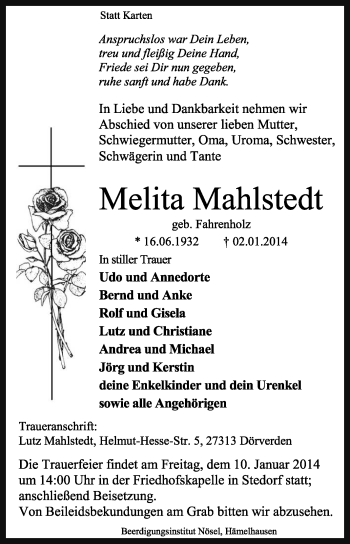 Traueranzeige von Melita Mahlstedt von KRZ