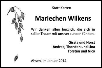 Traueranzeige von Mariechen Wilkens von KRZ