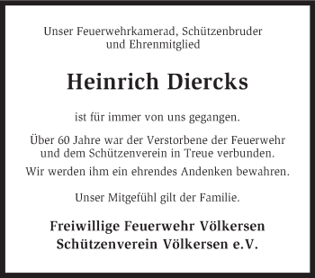 Traueranzeige von Heinrich Diercks von KRZ