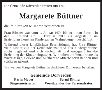 Traueranzeige von Margarete Büttner von KRZ