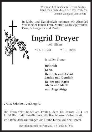 Traueranzeige von Ingrid Dreyer von KRZ