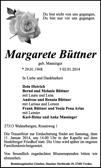 Traueranzeige von Margarete Büttner von KRZ