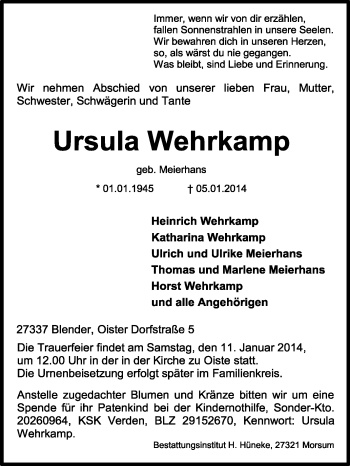 Traueranzeige von Ursula Wehrkamp von KRZ