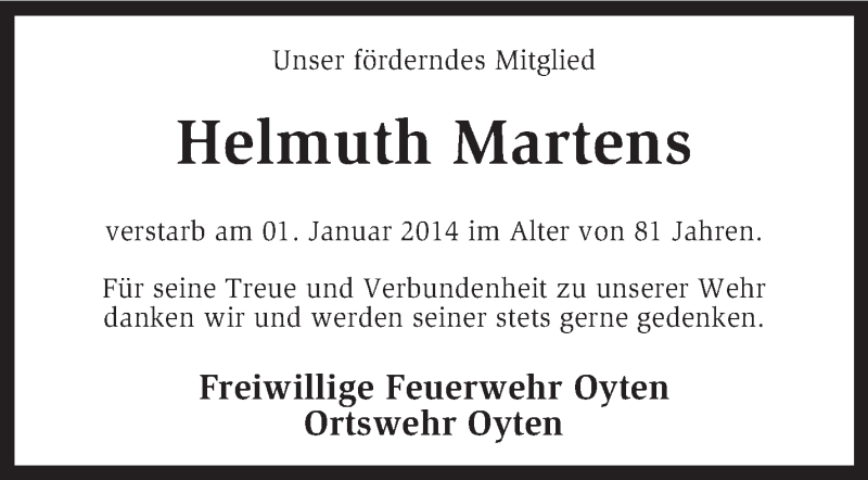  Traueranzeige für Helmuth Martens vom 08.01.2014 aus KRZ