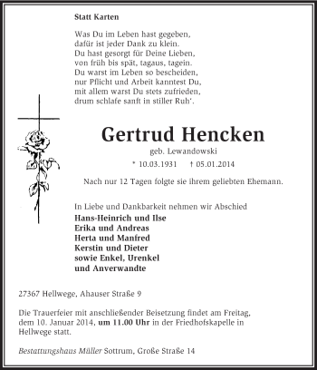 Traueranzeige von Gertrud Hencken von KRZ