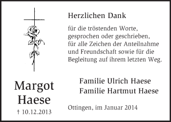 Traueranzeige von Margot Haese von KRZ