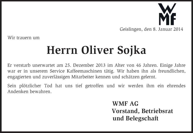  Traueranzeige für Oliver Sojka vom 09.01.2014 aus KRZ