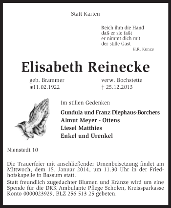 Traueranzeige von Elisabeth Reinecke von KRZ