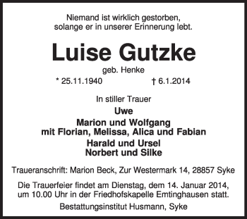 Traueranzeige von Luise Gutzke von KRZ