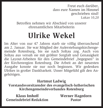 Traueranzeige von Ulrike Wekel von KRZ
