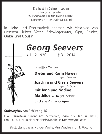 Traueranzeige von Georg Seevers von KRZ